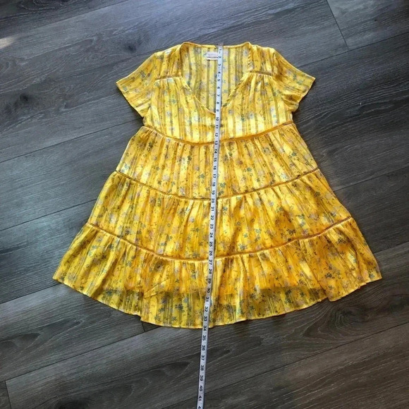 Urban Outfitters Yellow Gold Pippa Chiffon Tiered Floral Mini Dress Size XS - Picture 8 of 14